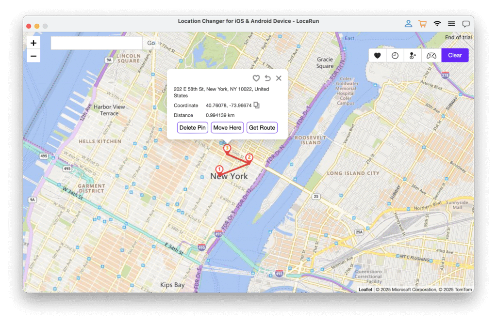 Select the route or location you want to simulate