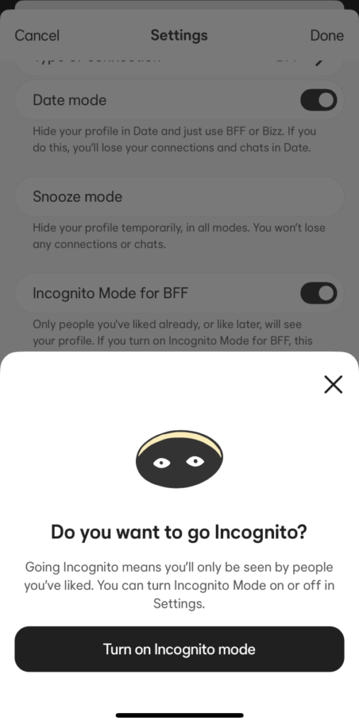 Bumble Incognito mode Bumble Incognito mode